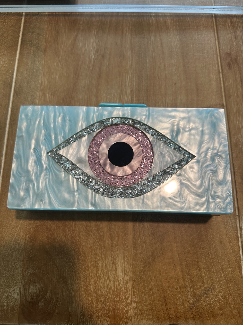 Light Blue Evil Eye Acrylic Clutch with Pink Accent